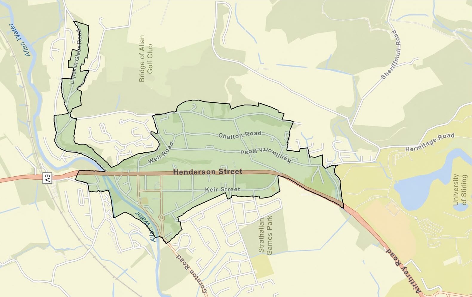 Bridge of Allan Conservation Area boundary map showing the protected area in the historic spa town, Stirling